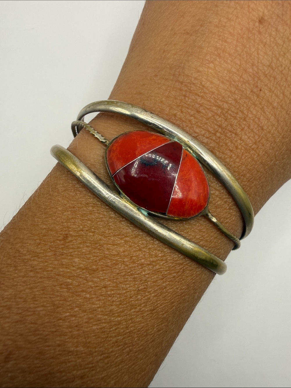 Vintage Gold Tone Alpaca Mexico Red Large Cuff Bangle Statement Bracelet
